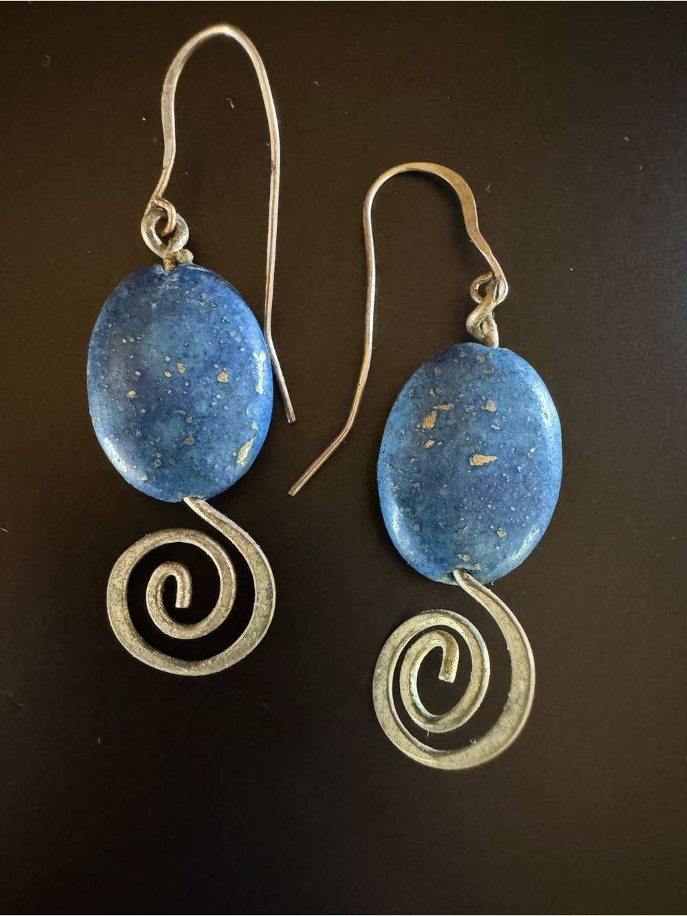 Sterling Silver Lapis Lazuli Artisan Spiral Dangle Earrings 2”